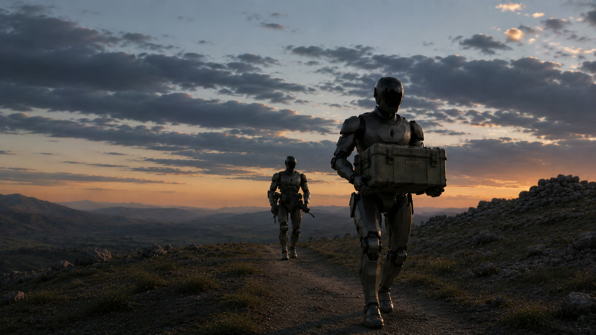 Phantom robots on patrol at dusk